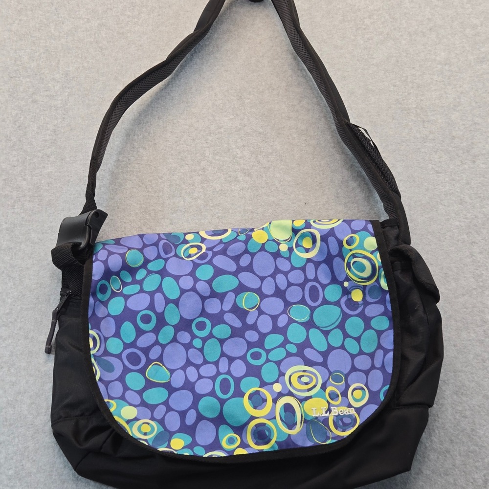 LL Bean Messenger Bag Black Purple Teal Bubble Print Crossbody 0HQV6